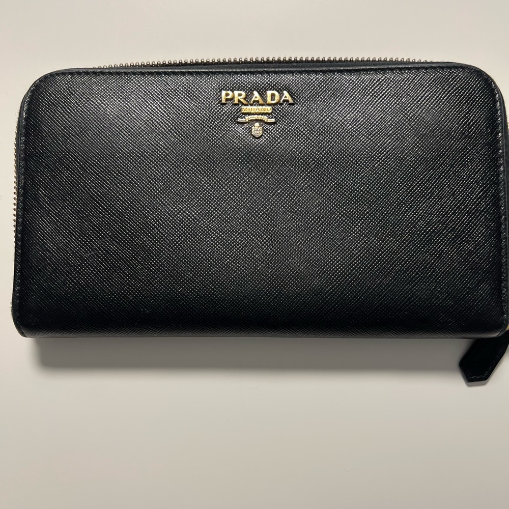 Prada large zippered black leather wallet excellent condition